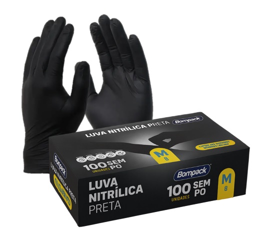 LUVA BOMPACK NITRILIC M PRETA S/PO C/100